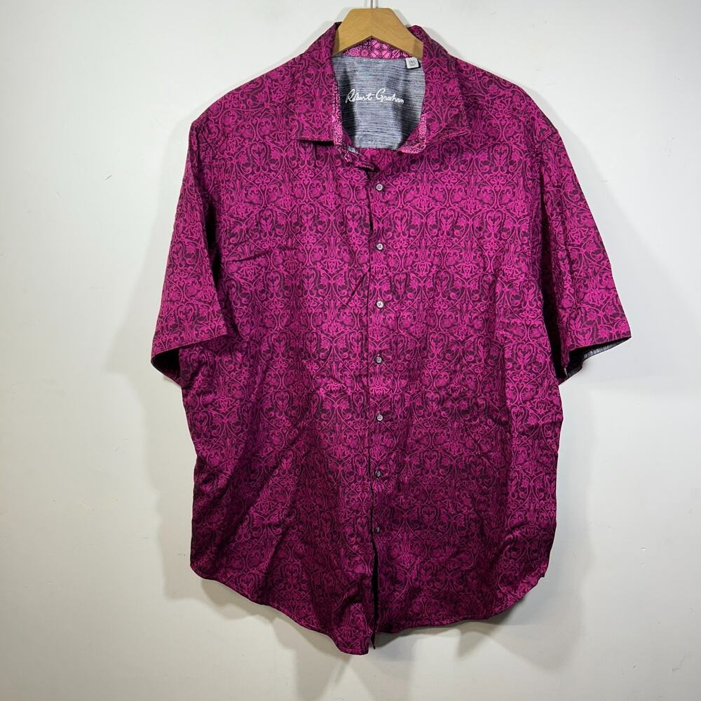 Robert Graham Damask Print Short Sleee Shirt Mens 2XL Classic Berry